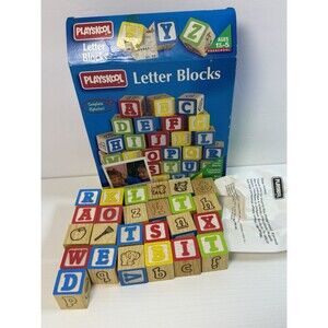 1994 Playskool Letter Blocks Wood Block Set of 25 w/ Box Model 953